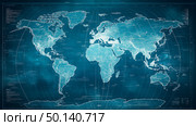 World map with detailed geographic features and grid layout displayed on a vibrant blue background. Стоковое AI-изображение, AI-художник Михаил Коханчиков / Фотобанк Лори