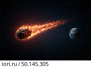 Fiery meteor streaking through space. Стоковое AI-изображение, AI-художник Андрей Бакусов / Фотобанк Лори