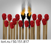 Work fight and workplace fighting concept as a conflict between coworkers as a clash of two employees in a company 3D illustration. Стоковое фото, агентство Ingram Publishing / Фотобанк Лори