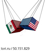 Mexico US trade war and American tariffs as two opposing cargo freight containers in conflict as an economic dispute over import and export taxes concept as a 3D illustration. Стоковое фото, агентство Ingram Publishing / Фотобанк Лори