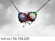 Iran US middle east clash as a USA or United States crisis in the Persian gulf concept as an American and Iranian security problem due to economic sanctions and nuclear deal dispute in a 3D illustration style. Стоковое фото, агентство Ingram Publishing / Фотобанк Лори