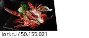 Grilled boston lobster serve with butter chilli sauce with lemon and salt. Panoramic crop designed for using as web banner. Стоковое фото, агентство Ingram Publishing / Фотобанк Лори