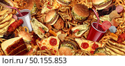 Fast food concept with greasy fried restaurant take out as onion rings burger and hot dogs with fried chicken french fries and pizza as a symbol of diet temptation and unhealthy nutrition with 3D illustration elements. Стоковое фото, агентство Ingram Publishing / Фотобанк Лори