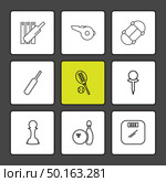 cricket bat , wicket , tennis , pin , whistle , sports , games , fitness , athletics , football , bodybuilding , snooker , ball , cricket , tennis , stopwatch , golf  , social , media , icon, vector, design,  flat,  collection, style, creative,  icons. Стоковая иллюстрация, агентство Ingram Publishing / Фотобанк Лори
