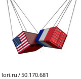 French tax USA trade war and American tariffs global trade dispute as two opposing cargo freight containers in France as an economic conflict over import and exports or Paris agreement crisis as a 3D illustration. Стоковое фото, агентство Ingram Publishing / Фотобанк Лори