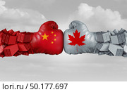 China Canada or Canadian trade and Chinese tariffs conflict with two opposing trading partners as an economic import and exports dispute concept with 3D illustration elements. Стоковое фото, агентство Ingram Publishing / Фотобанк Лори