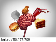 Junk food brain health and unhealthy nutrition choices for mental function as a human thinking organ being hit by a cheeseburger sugar soft dring fried chicken and cake with 3D illustration elements. Стоковое фото, агентство Ingram Publishing / Фотобанк Лори