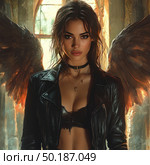 Atmospheric fantasy illustration of a young woman with dark angel wings standing in front of an old abandoned building with a stained glass window. Her image combines mysticism and rebellious energy: she is dressed in a black leather jacket and top, wears a choker and gold jewelry. Expressive eyes, slightly disheveled hair and warm side lighting emphasize the drama of the scene. Perfect for themes of dark fantasy, gothic aesthetics, angels and demons, feminine power and mysterious images. Стоковое AI-изображение, AI-художник Анна Кривицкая / Фотобанк Лори