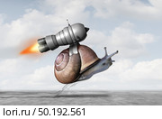 Business acceleration concept as a snail with a jet pack engine to accelerate success as a metaphor for innovation and finding a creative solution with 3D illustration elements. Стоковое фото, агентство Ingram Publishing / Фотобанк Лори