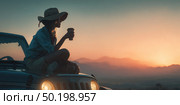 A woman is sitting in a jeep with a hat on and a cup of coffee in her hand. Стоковое AI-изображение, AI-художник Ярославский Максим / Фотобанк Лори