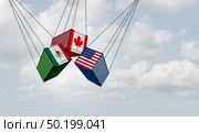 USMCA north america or the new NAFTA United States Mexico Canada agreement symbol with flags as a trade deal negotiation and economic deal fot the American Mexican and Canadian governments as a 3D illustration. . Стоковое фото, агентство Ingram Publishing / Фотобанк Лори