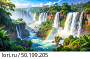 Dreamlike landscape of a powerful waterfall surrounded by lush jungle and a rainbow, representing untouched natural beauty and global travel inspiration. Стоковое AI-изображение, AI-художник Igor Tichonow / Фотобанк Лори
