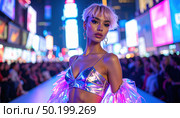 Futuristic fashion statement on neon-lit runway representing innovation, nightlife trends, digital age glamor and creative urban expression. Стоковое AI-изображение, AI-художник Igor Tichonow / Фотобанк Лори