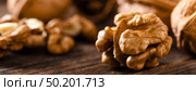 Walnuts. Kernels and whole nuts on wooden rustic table closeup, banner. Стоковое фото, агентство Ingram Publishing / Фотобанк Лори