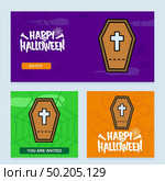 Happy Halloween invitation design with coffins vector. Стоковая иллюстрация, агентство Ingram Publishing / Фотобанк Лори