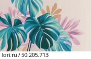 Colorful tropical leaves in various shapes and sizes, featuring shades of green, pink, and white, creating a vibrant and lively botanical illustration with a soft background. Стоковое AI-видео, аниматор Ирина Ручушкина / Фотобанк Лори