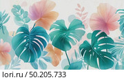 Colorful tropical leaves in various shapes and sizes, featuring shades of green, pink, and white, creating a vibrant and lively botanical illustration with a soft background. Стоковое AI-видео, аниматор Ирина Ручушкина / Фотобанк Лори