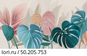 Colorful tropical leaves in various shapes and sizes, featuring shades of green, pink, and white, creating a vibrant and lively botanical illustration with a soft background. Стоковое AI-видео, аниматор Ирина Ручушкина / Фотобанк Лори