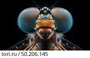Detailed close-up of a vibrant dragonfly showcasing intricate eye. Стоковое AI-изображение, AI-художник Михаил Коханчиков / Фотобанк Лори