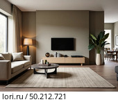 A beautifully arranged living room featuring a cozy sofa, stylish coffee table, and a large window allowing natural light Generative AI. Стоковое AI-изображение, AI-художник Юлия Петровская / Фотобанк Лори