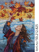 A painting depicting a woman with her hands raised in the air, displaying a sense of exuberance and empowerment. Стоковое AI-изображение, AI-художник Данила Большаков / Фотобанк Лори