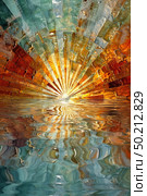 A painting depicting a vibrant sunburst radiating over a calm body of water, casting shimmering reflections on its surface. Стоковое AI-изображение, AI-художник Данила Большаков / Фотобанк Лори