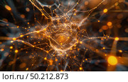 A complex network of interconnected lines and glowing nodes, resembling a neural network or a cosmic web, shines brightly with golden hues. Стоковое AI-изображение, AI-художник Данила Большаков / Фотобанк Лори
