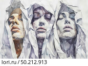 Three women in a painting, each with their faces covered by paper. The women are depicted in a variety of poses, their identities obscured by the paper masks. Стоковое AI-изображение, AI-художник Данила Большаков / Фотобанк Лори
