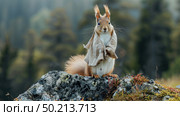 A squirrel is perched on top of a large rock, standing still and alert in its natural habitat. Стоковое AI-изображение, AI-художник Данила Большаков / Фотобанк Лори