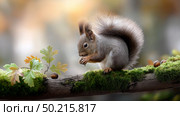 Squirrel foraging for acorns on a mossy branch in autumn forest. Стоковое AI-изображение, AI-художник Katsiaryna Repich / Фотобанк Лори