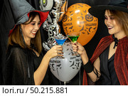 Group of young adult and teenager people celebrating a Halloween party carnival Festival in Halloween costumes drinking alcohol cocktail. Стоковое фото, агентство Ingram Publishing / Фотобанк Лори