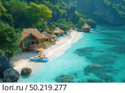 A luxurious tropical beach with turquoise water and white sand. In the foreground are cozy bungalows with thatched roofs, built right on the shore among lush greenery. An inflatable boat with passengers under a thatched umbrella is moored nearby. The water is clear, through it you can see corals and a sandy bottom. The landscape is framed by rocks and tropical forest. An ideal place for a secluded holiday, honeymoon or ecotourism. An atmosphere of peace, warmth and exoticism. Стоковое AI-изображение, AI-художник Анна Кривицкая / Фотобанк Лори