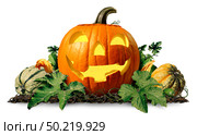Happy halloween pumpkin jack o lantern with pumpkins and leaves on a white background as a seasonal concept and autumn symbol for a cute holiday squash or thanksgiving time with 3D illustration elements. Стоковое фото, агентство Ingram Publishing / Фотобанк Лори