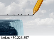 Business trust concept drawing a bridge and conquering adversity as a group of people running from a waterfall with the help of a pencil line sketch for bridging the gap for success with 3D illustration elements. Стоковое фото, агентство Ingram Publishing / Фотобанк Лори