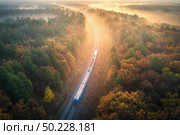 Train in beautiful forest in fog at sunrise in autumn. Aerial view of moving commuter train in fall. Colorful landscape with railroad, foggy trees with orange leaves, mist. Top view. Railway station. Стоковое фото, агентство Ingram Publishing / Фотобанк Лори