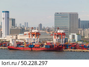 Big Cargo Containers Boat with Goods cargo Stack at the Pier docks port waiting for international sea freight transportation import and export in Tokyo bay Port of Tokyo Japan. Стоковое фото, агентство Ingram Publishing / Фотобанк Лори