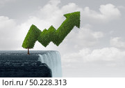 Growth in turbulent times and risky unstable market as a business success metaphor as a tree shaped as a precarious economic profit graph at the edge of a waterfall in a 3D illustration style. Стоковое фото, агентство Ingram Publishing / Фотобанк Лори
