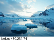 A breathtaking Arctic landscape unfolds with serene waters mirroring the ice-covered mountains, while soft dawn light casts a tranquil glow Generative AI. Стоковое AI-изображение, AI-художник Юлия Петровская / Фотобанк Лори