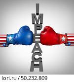 Impeach fight as Republican and Democrat politicians fighting an impeachment political disagreement as a USA government and United States federal debate between the left and the right with 3D illustration elements. Стоковое фото, агентство Ingram Publishing / Фотобанк Лори