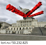 Impeachment in the United States Government  and congress vote  to impeach the American president as a political concept of a whistleblower complaint and US political symbol with 3D elements. Стоковое фото, агентство Ingram Publishing / Фотобанк Лори