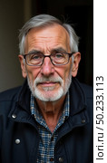 An elderly man with glasses and a gentle smile sits comfortably in a warm, inviting space. His thoughtful expression hints at a lifetime of stories and experiences Generative AI. Стоковое AI-изображение, AI-художник Юлия Петровская / Фотобанк Лори