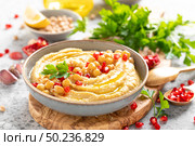 Chickpea hummus with tahini in a bowl. Healthy vegetarian appetizer. Middle Eastern cuisine. Стоковое фото, агентство Ingram Publishing / Фотобанк Лори