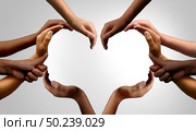 Diverse people working together and group unity or diversity partnership as teamwork cooperation or togetherness colaboration concept with hands joined together as connected citizens or citezenship symbol. Стоковое фото, агентство Ingram Publishing / Фотобанк Лори