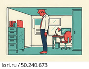 Бизнесмен в тесном офисе с низким потолком. Метафора отсутствия карьерного роста, профессионального выгорания, ограничений и невозможности дальнейшего развития в компании. Редакционное AI-изображение, AI-художник Ирина Першина / Фотобанк Лори