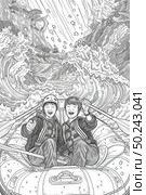 Coloring page of two individuals rowing a boat on the water. Стоковое AI-изображение, AI-художник Данила Большаков / Фотобанк Лори