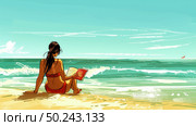 Young woman is seated on the beach, engrossed in a book she is reading. Стоковое AI-изображение, AI-художник Данила Большаков / Фотобанк Лори