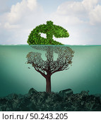 Cost of pollution and financial costs of polluted water contamination with hazardous industrial waste as a tree shaped as a dollar sign underwater with the toxic liquid killing the plant with 3D illustration elements. Стоковое фото, агентство Ingram Publishing / Фотобанк Лори