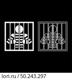 Prisoner behind bars holds rods with his hands Angry man watch through lattice in jail Incarceration concept icon outline set white color vector illustration flat style simple image. Стоковая иллюстрация, агентство Ingram Publishing / Фотобанк Лори