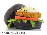 Tasty grilled veggie burger with chickpeas and vegetables on black bread on white background. Стоковое фото, агентство Ingram Publishing / Фотобанк Лори
