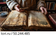 A persons hands gracefully turning the worn pages of a large, old book, surrounded by the ambiance of a classic library. Стоковое AI-изображение, AI-художник Данила Большаков / Фотобанк Лори